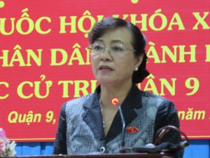 Bà Nguyễn Thị Quyết Tâm phát biểu tại hội nghị tiếp xúc cử tri ẢNH: TRUNG HIẾU