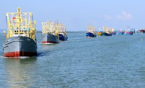 Đội tàu cá vỏ thép của ngư dân huyện Núi Thành (Quảng Nam) ra khơi khai thác hải sản. Ảnh: Đắc Thành