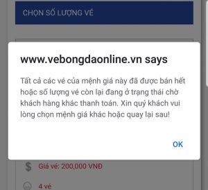 Dòng thông báo hết vé sau khi khách lựa chọn mệnh giá và số lượng ghế.