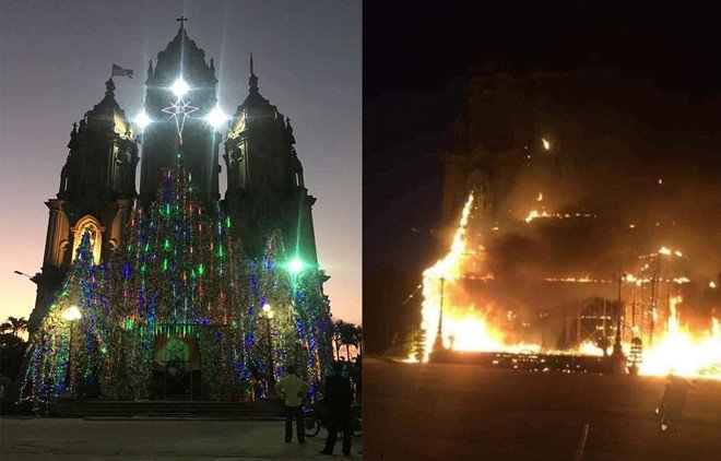 Hình ảnh hang đá nhà thờ trước và trong khi xảy ra đám cháy. Ảnh: T. Hùng.