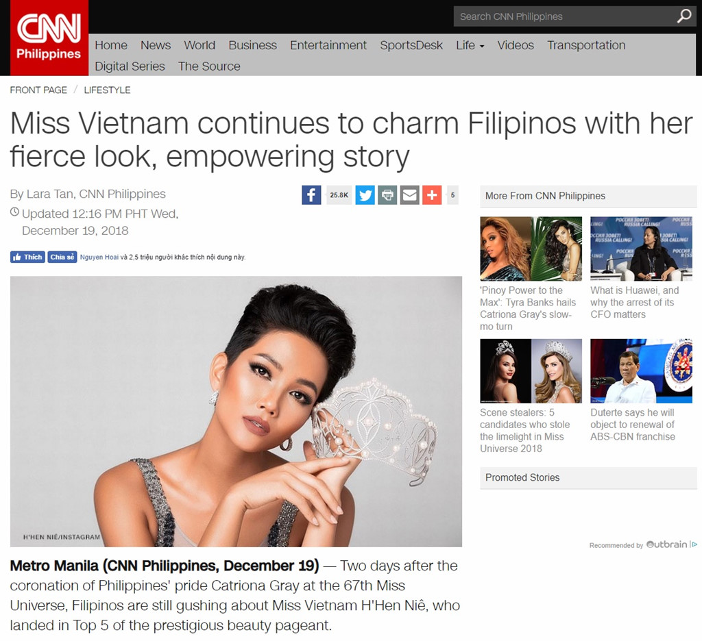 CNN của Philippines nhìn nhận hành trình của H'Hen Niê ở Hoa hậu Hoàn vũ 2018 và dành cho cô rất nhiều lời khen