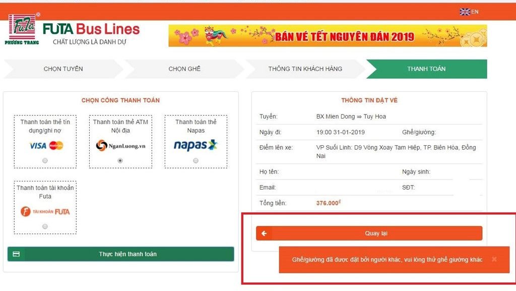 Khách hàng mua vé online về quê dịp Tết Nguyên Đán của hãng Phương Trang đều gặp "trục trặc" ở bước thanh toán cuối cùng. Ảnh chụp màn hình.