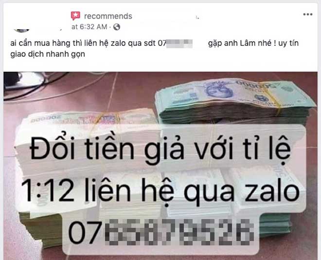 Tiền giả được rao bán công khai trên Facebook. (Ảnh chụp màn hình)