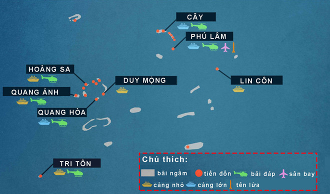 Sơ đồ 8 vị trí thuộc Hoàng Sa bị Trung Quốc quân sự hóa phi pháp