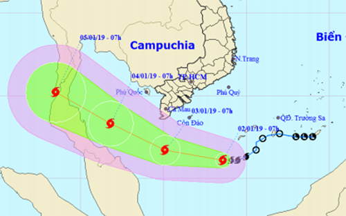 Hướng đi của bão Pabuk theo dự báo của Trung tâm dự báo khí tượng thủy văn Trung ương.