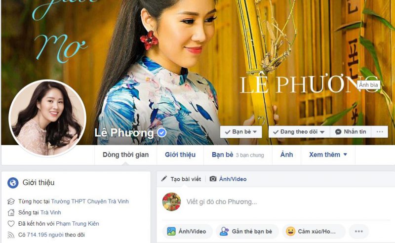 Đây là Facebook chính thức của Lê Phương có dấu tích xanh xạc nhận của Facebook