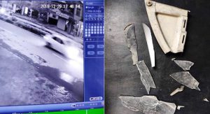 Hình ảnh chiếc xe ô tô nghi vấn gây tai nạn và một số mảnh vỡ tại hiện trường vụ tai nạn.