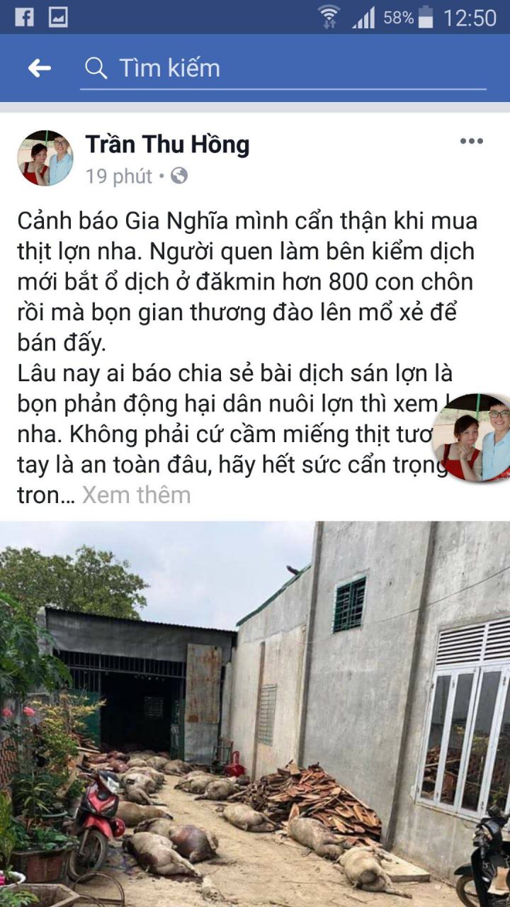 Thông tin được bà Hồng đăng tải trên Facebook là sai sự thật. Ảnh: Trần Thọ Cơ quan chức năng địa phương xác định đó là những thông tin hoàn toàn bịa đặt làm ảnh hướng đến ngành chăn nuôi lợn ở tỉnh Đắk Nông. 