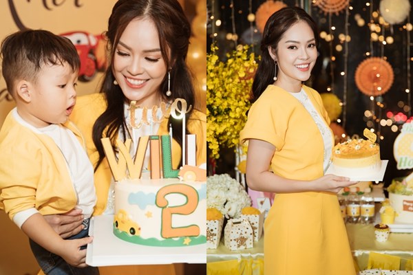 Dương Cẩm Lynh tổ chức sinh nhật cho con trai sau khi đổ vỡ hôn nhân, nữ diễn viên chọn chiếc váy màu vàng lịch thiệp, kín đáo tiệp màu với con trai và phông nền chủ đạo.