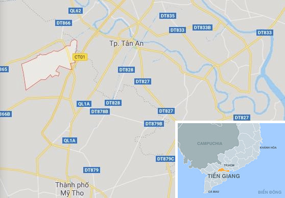 Xã Tân Hoà Thành (khoanh đỏ), nơi xảy ra vụ án. Ảnh: Google Maps. 