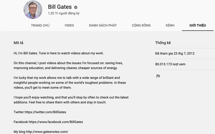 Kênh YouTube này được tỷ phú Bill Gates từ ngày 23/7/2012. Tính đến thời điểm hiện tại, kênh đã đạt được hơn 80 triệu lượt xem.