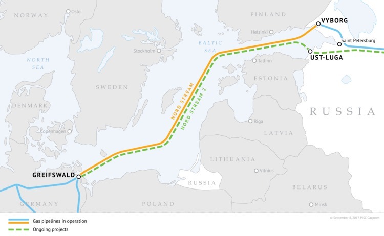 Đường ống dẫn khí Nord Stream 2 từ Nga sang Đức qua biển Baltic. Đồ họa: Gazprom.