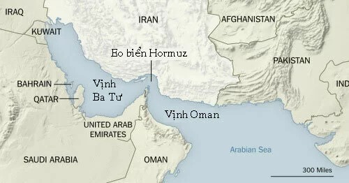 Eo biển Hormuz được ví như yết hầu từ vịnh Ba Tư tới vịnh Oman. Đồ họa: NYTimes.