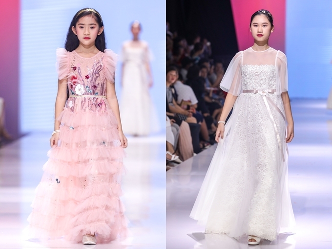 Bộ sưu tập kết hợp nhiều chất liệu: taffeta, ren, lưới, cùng với kĩ thuật thêu đính, trang trí thủ công tỉ mỉ..