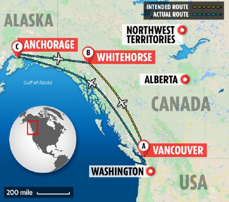 Hành trình bay của chuyến bay số hiệu AC279, trong đó màu vàng là hành trình dự kiến, màu xanh là hành trình thực tế. Ảnh: Sun.