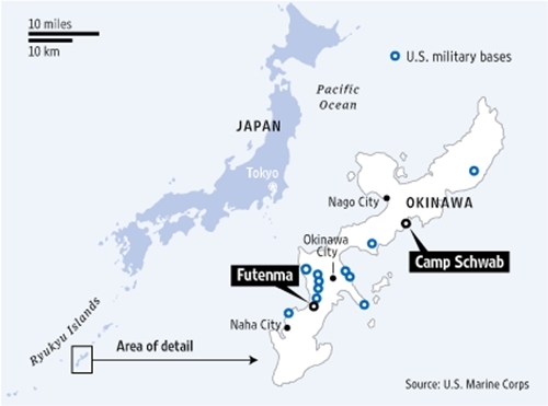 Vị trí căn cứ không quân cũ ở Futenma và địa điểm mới Camp Schwab. Đồ họa: WSJ