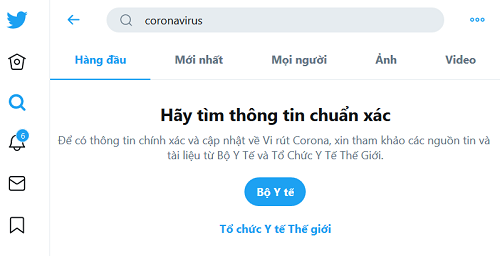 Người dùng Việt tìm kiếm về viruscorona trên Twitter sẽ được hướng dẫn cập nhật thông tin từ Bộ Y tế và Tổ chức y tế thế giới (WHO). Ảnh chụp màn hình.