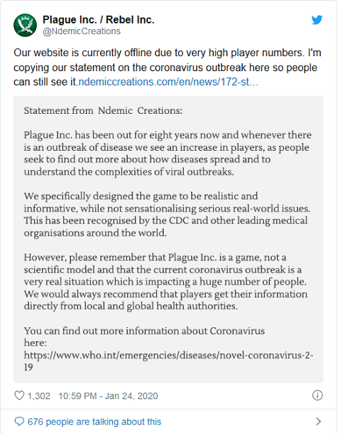 Thông báo của nhà phát triển sau khi trang web chính thức gặp sự cố vì lưu lượng truy cập tăng đột biến trong ngày 24/1. Ảnh: USA Today.