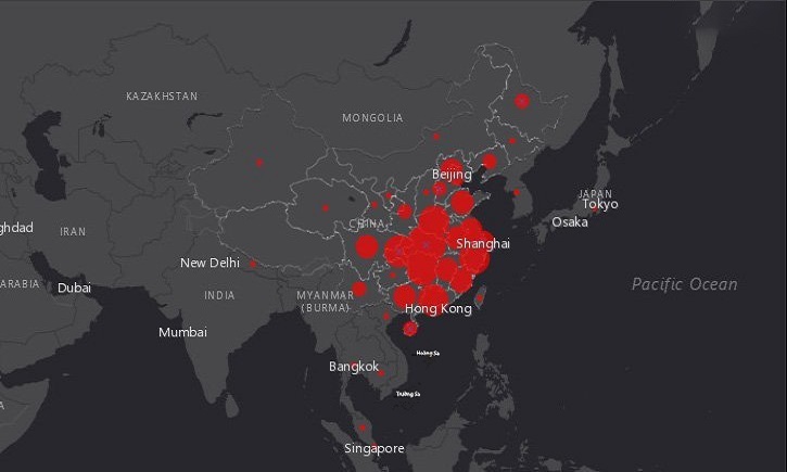 Bản đồ thông tin về dịch viêm phổi Vũ Hán. Ảnh: Science Alert.