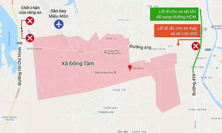 Quãng đường từ thôn Hoành đến khu vực sân bay Miếu Môn là 5 km, hai hướng từ đường lớn dẫn vào xã Đồng Tâm có lực lượng chức năng túc trực kiểm tra những người ra vào. Đồ họa: Việt Chung.