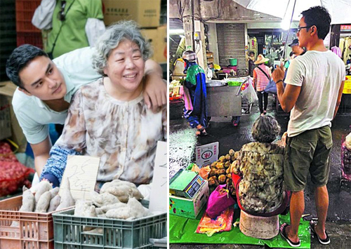 Minh Đạo cùng mẹ bán hàng ở chợ. Ảnh: Appledaily.