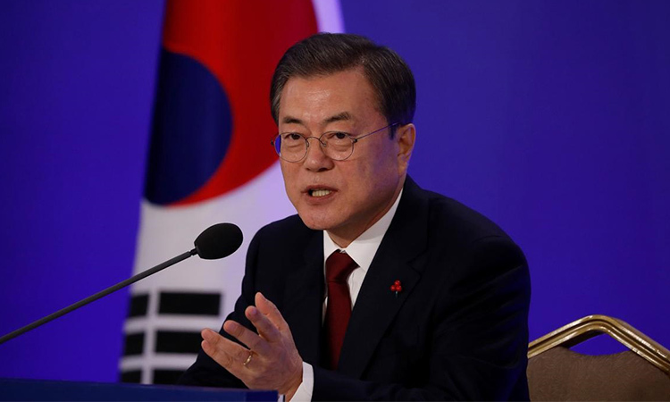 Tổng thống Hàn Quốc Moon Jae-in phát biểu tại Nhà Xanh ngày 14/1. Ảnh: Reuters.