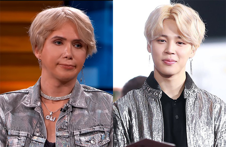 Không chỉ thẩm mỹ, Oli London (trái) còn làm tóc, mặc đồ giống Jimin (BTS). Ảnh: Dr.Phil.