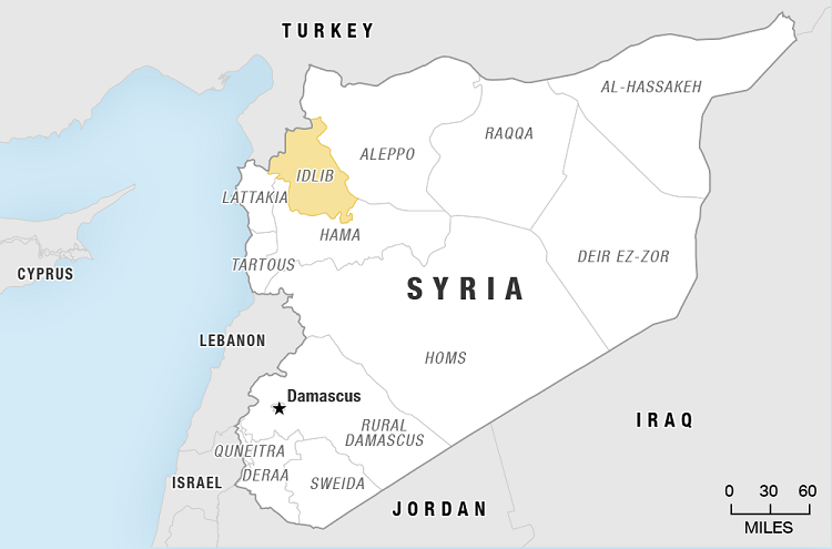 Vị trí tỉnh Idlib ở tây bắc Syria. Đồ họa: BBC.