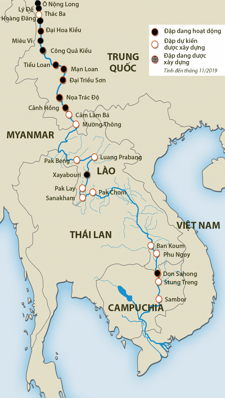 Danh sách đập thủy điện của Trung Quốc trên thượng nguồn sông Mekong tính đến tháng 11/2019. Đồ họa: Trung tâm nghiên cứu Stimson, Mỹ. 