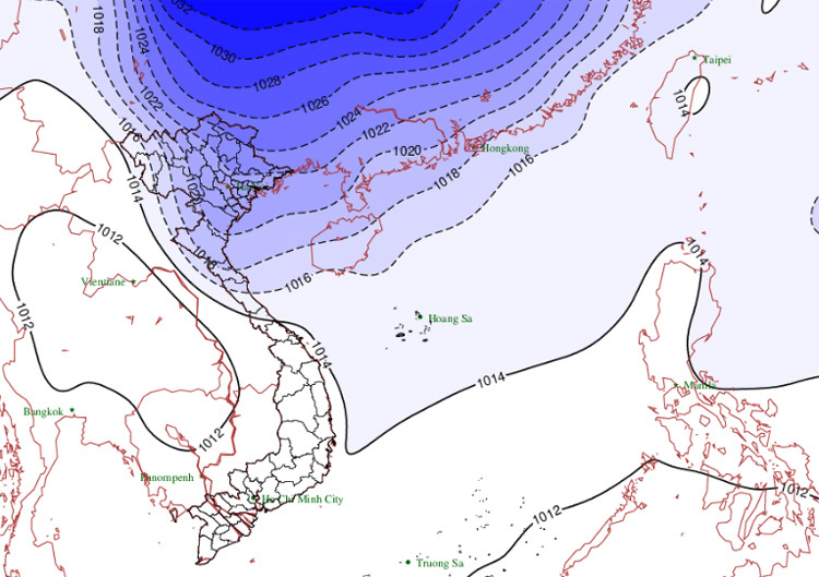 Bóng màu xanh tím là dự báo đường đi của gió mùa đông bắc. Ảnh: NCHMF.