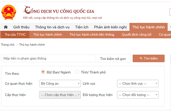 Giao diện trên cổng dịch vụ công trực tuyến.