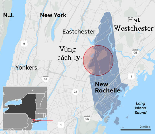 Vùng cách ly (vòng tròn đỏ) ở thành phố New Rochelle. Đồ họa: USA Today.