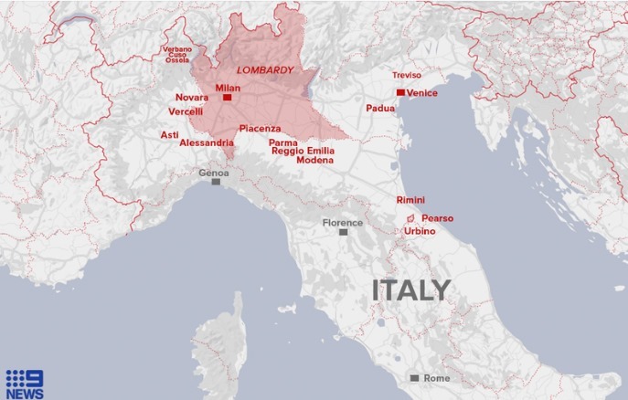 Vùng Lombardy và các tỉnh thuộc diện phong tỏa ở Italy. Đồ họa: 9News