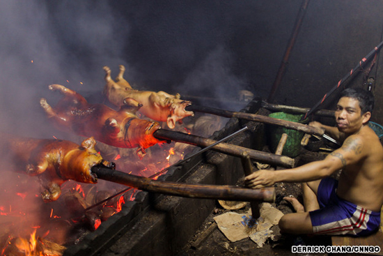 Các bậc thầy quay thịt phải đảm bảo thịt lợn được chín đều bằng cách quay định kỳ, thi thoảng sẽ rưới nước dừa và hỗn hợp gia vị lên da lợn đang quay. Ảnh: CNN/Derrick Chang.