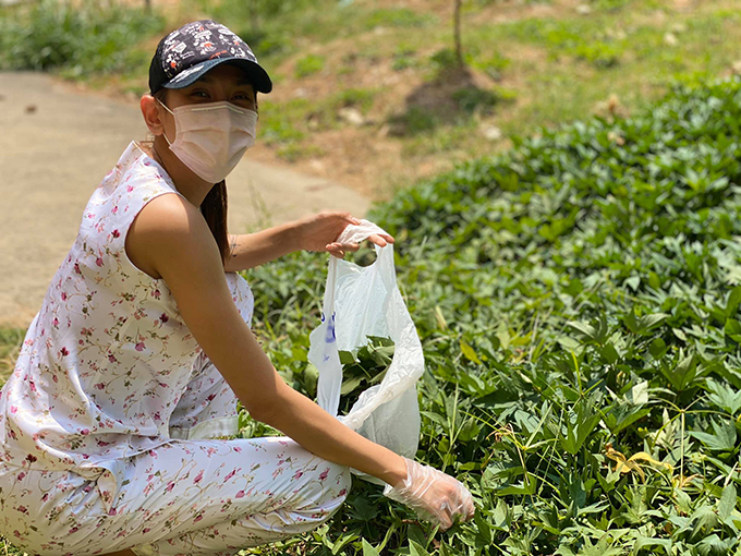 Ngày thứ bảy tại khu cách ly tập trung ở Bình Dương, siêu mẫu Võ Hoàng Yến phát hiện một vườn rau khoai lang non mơn mởn. Cô và các bạn cùng phòng quyết định hái về luộc cho bữa trưa thêm vitamin.
