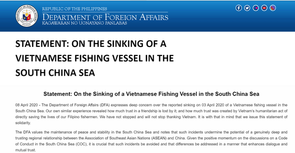 Vụ tàu TQ đâm chìm tàu cá Việt Nam: Philippines tuyên bố ủng hộ Việt Nam - Ảnh 1.