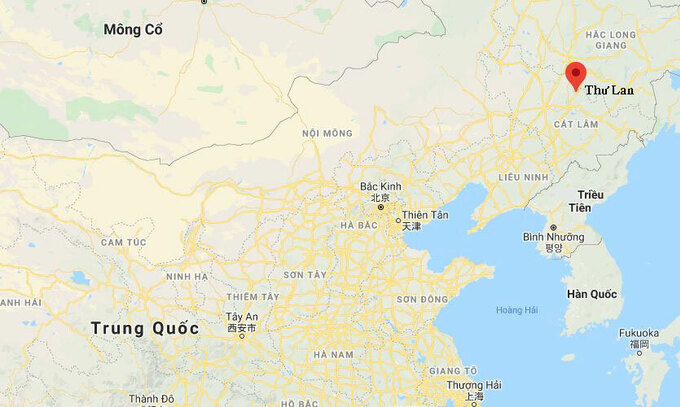 Vị trí thành phố Thư Lan (chấm đỏ) thuộc tỉnh Cát Lâm, giáp biên giới Triều Tiên. Đồ họa: Google Map.