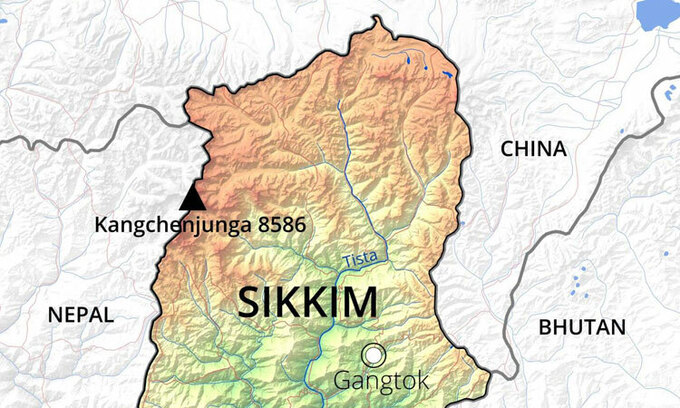 Khu vực Sikkim của Ấn Độ giáp biên giới với Trung Quốc. Ảnh: FreeWorldMap.