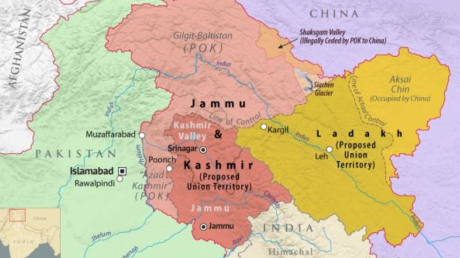 Khu vực Ladakh (màu vàng) nằm giữa Ấn Độ và Trung Quốc. Đồ họa: Times of India.