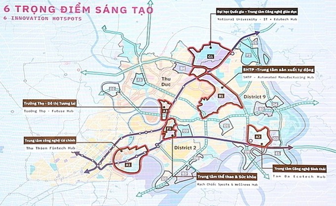 Sáu khu chức năng chính của Khu đô thị sáng tạo phía Đông TP HCM. Ảnh: Trung Sơn.