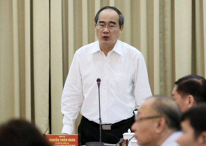 Bí thư Thành uỷ TP HCM Nguyễn Thiện Nhân phát biểu tại cuộc họp ngày 8/5. Ảnh: Trung tâm báo chí.