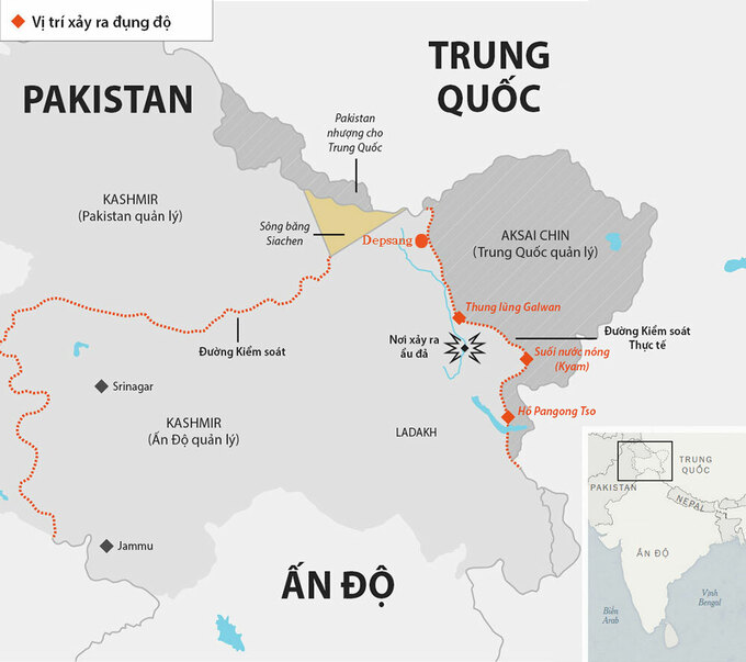 Các điểm nóng tranh chấp ở biên giới Ấn - Trung. Đồ họa: Telegraph.