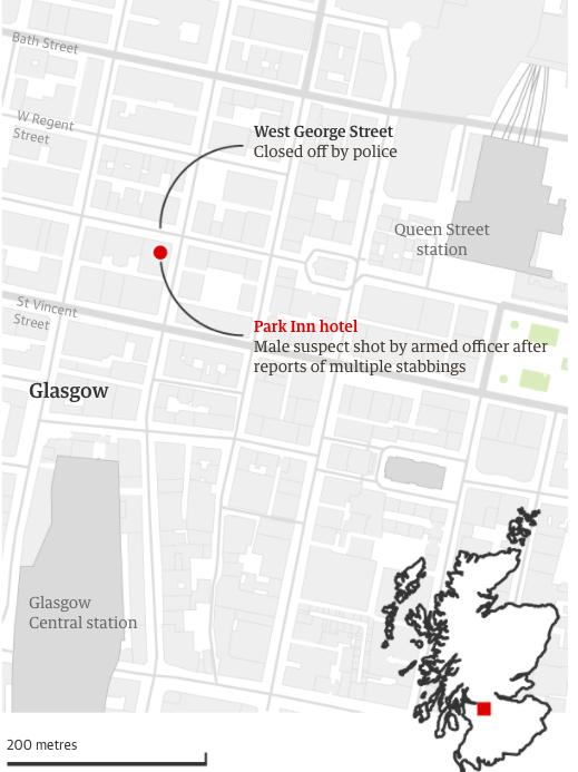 Hiện trường vụ đâm dao ở thành phố Glasgow, vùng Scotland, Anh, hôm 26/6. Đồ hoạ; Guardian. 