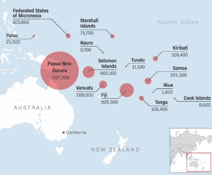 14 quốc đảo Thái Bình Dương có dân số chưa đến 10 triệu. Đồ họa: CNN.