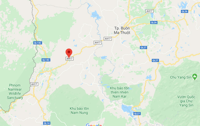 Vị trí tai nạn qua xã Đăk RLa, huyện Đăk Mil, tỉnh Đăk Nông. Ảnh: Google Maps