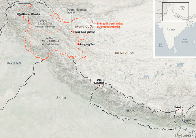 Khu vực biên giới tranh chấp giữa Trung Quốc và Ấn Độ. Đồ họa: NYT.