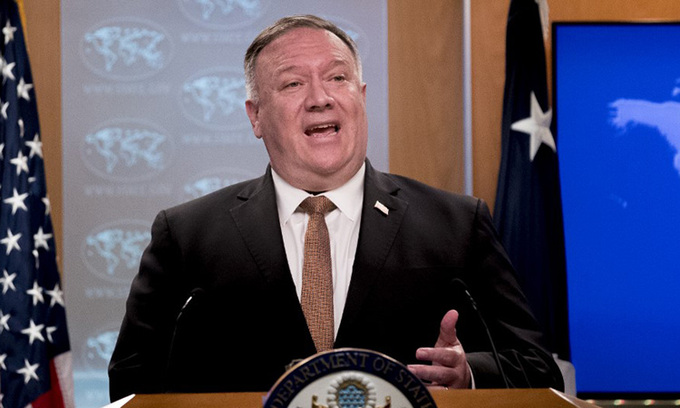 Ngoại trưởng Mỹ Mike Pompeo tại buổi họp báo ở Bộ Ngoại giao hôm 15/7. Ảnh: AFP.