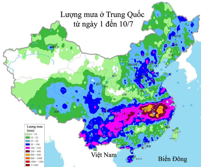 Lượng mưa ở Trung Quốc từ ngày 1 đến 10/7. Đồ họa: CMA.