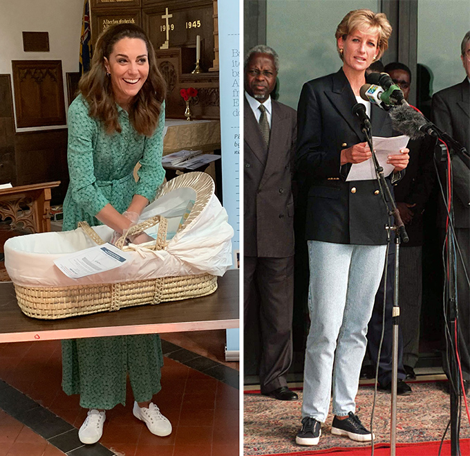 Kate is rarely seen in flats when it comes to royal engagements, however, there are times in every royal’s life that call for a pump. The Duchess proved this during her visit to Baby Basics in Norfolk where she was spotted wearing a pair of white Supergas to help volunteers.Diana wore the very same Superga trainers as Kate but in navy blue while on a visit to Angola for a Red Cross mission in 1997.