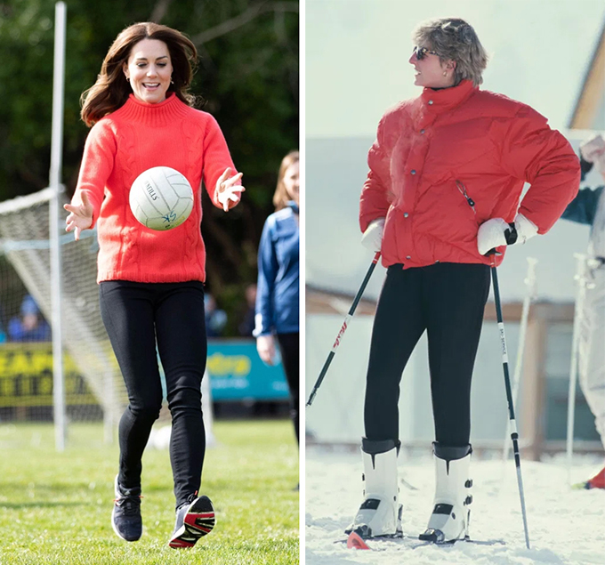 In one iconic snap Diana can be seen wearing a colour block combo of tangerine orange and black as she hits the slope in Austria in 1993. Kate opted for the very same colour palette 27 years later as she took part in a football game in Dublin.